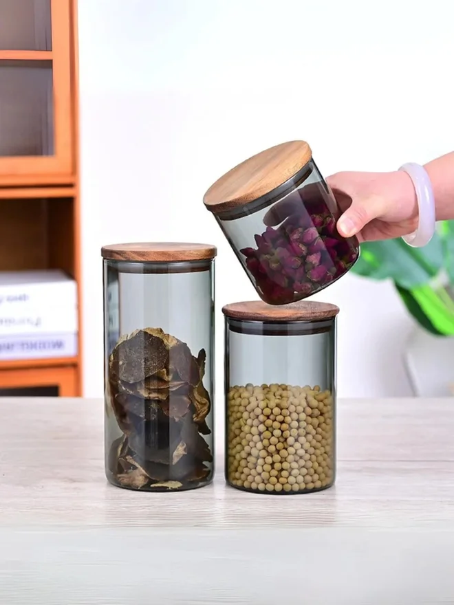 1 تشيس 1CHASE 2-Piece Borosilicate Glass Storage Jar, Smoky Grey 900 ML